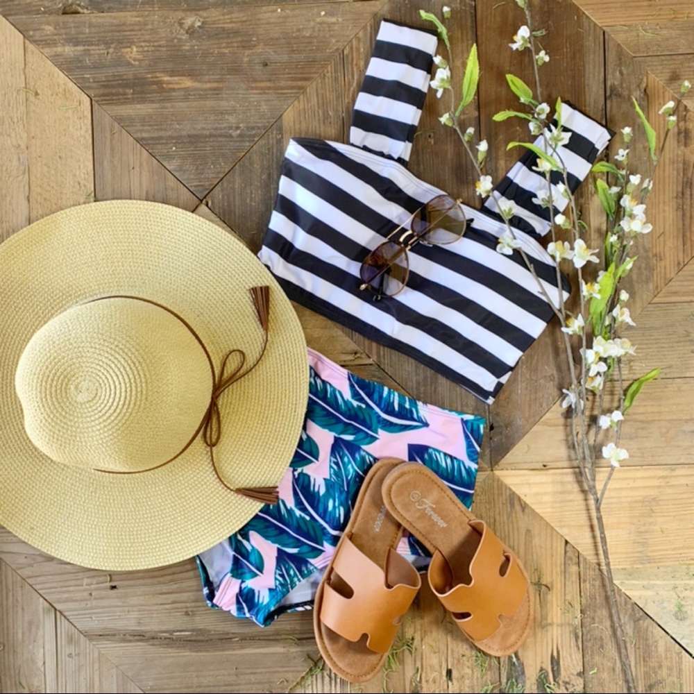 High Waist Stripe and Feather Print Bikini